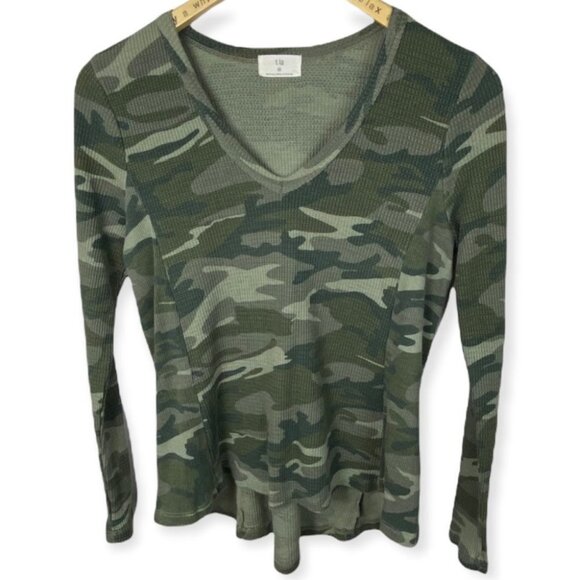 Anthropologie Camo Waffle Knit Thermal Green Sweater Top Size XS Boho Camouflage - Picture 4 of 12